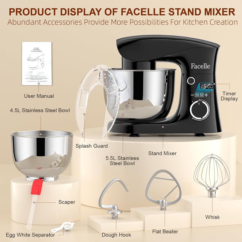 Facelle Konyhai Robotgép 1500W - 5,5L és 4,5L Rozsdamentes Acél Tálakkal, 10+P Sebességfokozattal, Dagasztó, Keverő és Habverő Tartozékokkal