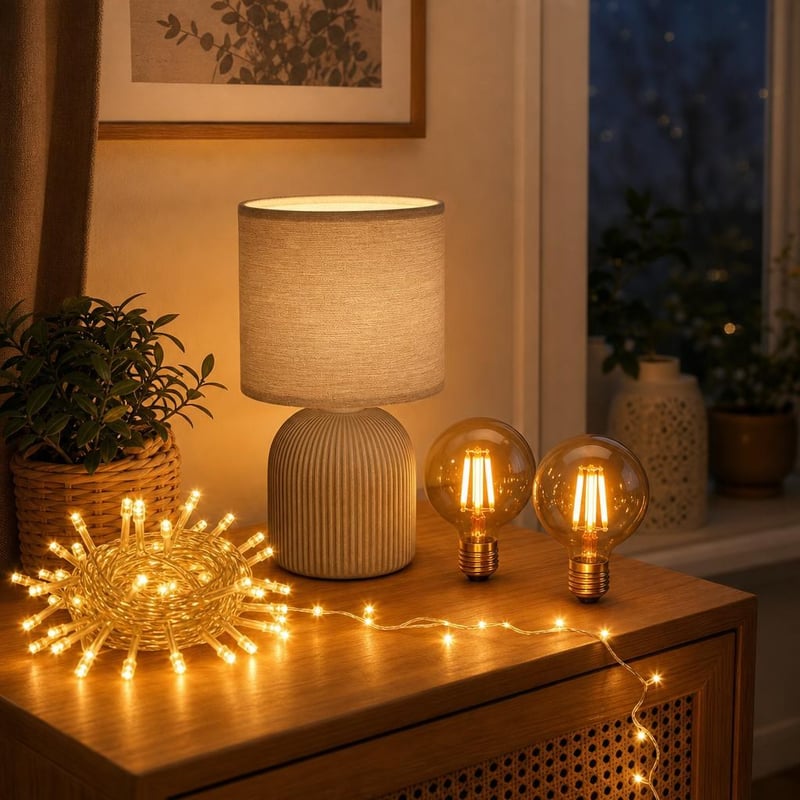 Večerná svetelná súprava: 1x 5m LED reťaz s časovačom + 1x stolná lampa + 2x vintage LED žiarovka