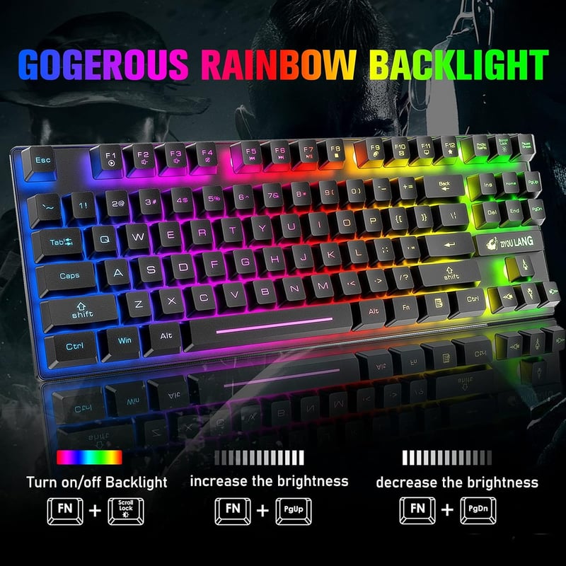 LexonElec Vezeték Nélküli Gaming Billentyűzet és Egér Szett, 87 Gombos RGB LED Háttérvilágítás, 3800mAh Akkumulátor, Fekete