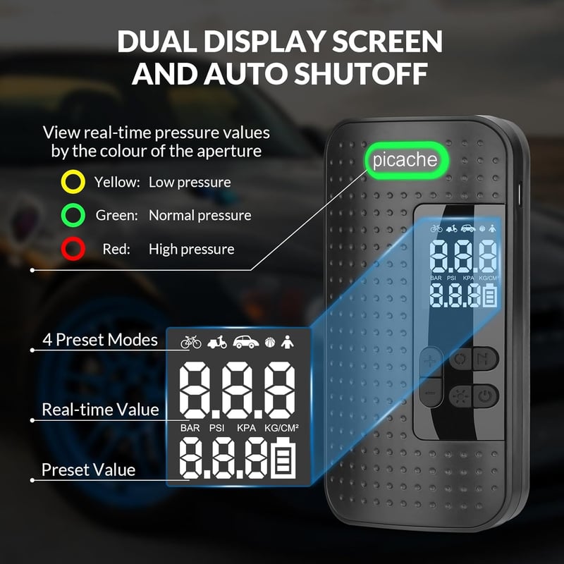 Hordozható digitális autó és kerékpár kompresszor - 150PSI, LED, 2000mAh
