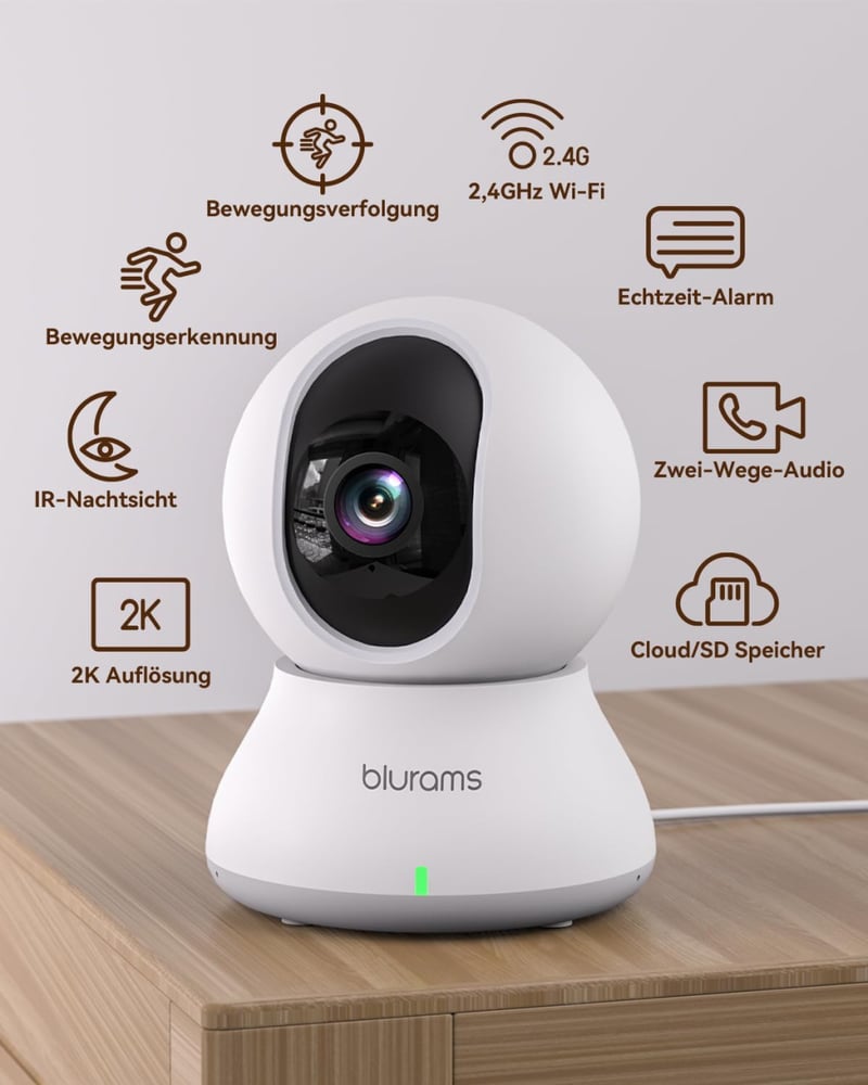 blurams 2K WiFi Biztonsági Kamera 360° Mozgáskövetéssel, Éjszakai Látással és Kétirányú Hanggal