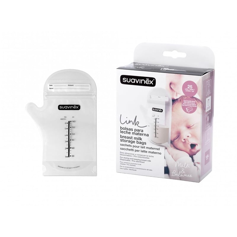 SUAVINEX Anyatej Tároló Zacskó 180ml - 25db Kiöntőcsőrrel, Mérőskálával, BPA-mentes, Fagyasztható, Négyzet Alakú