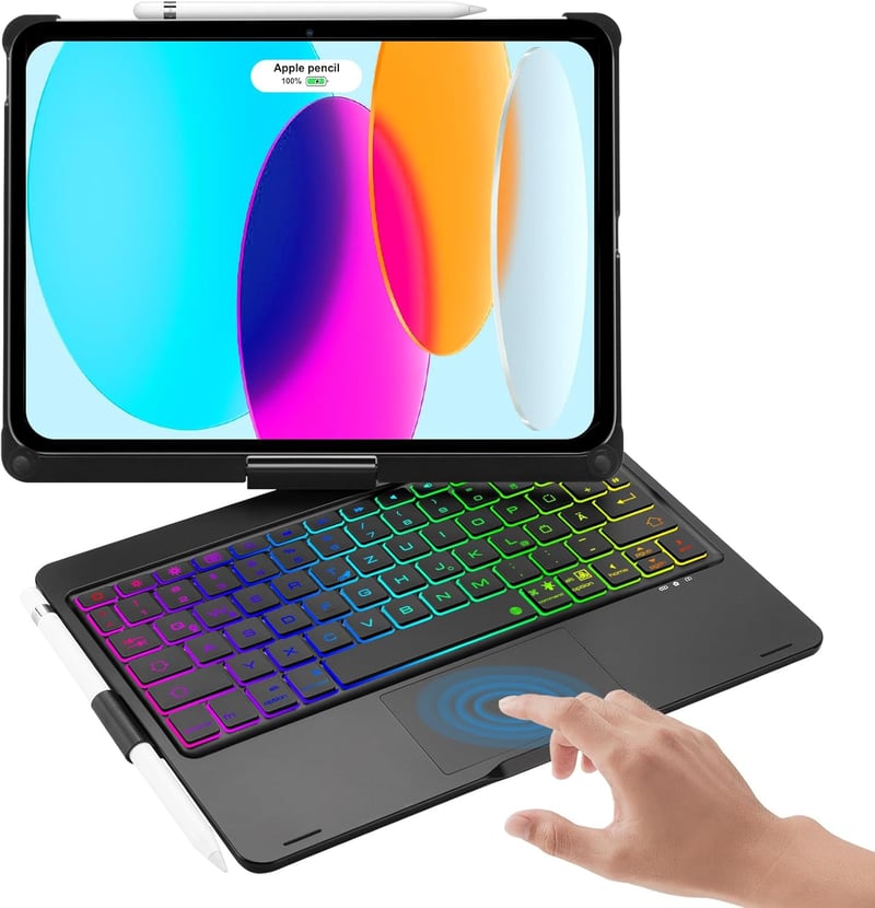 FOGARI iPad 10. Generációs Billentyűzetes Tok - Multi-Touch Trackpaddal, 7 Színű Háttérvilágítással, 10.9" Kompatibilis, QWERTZ Kiosztás, Fe