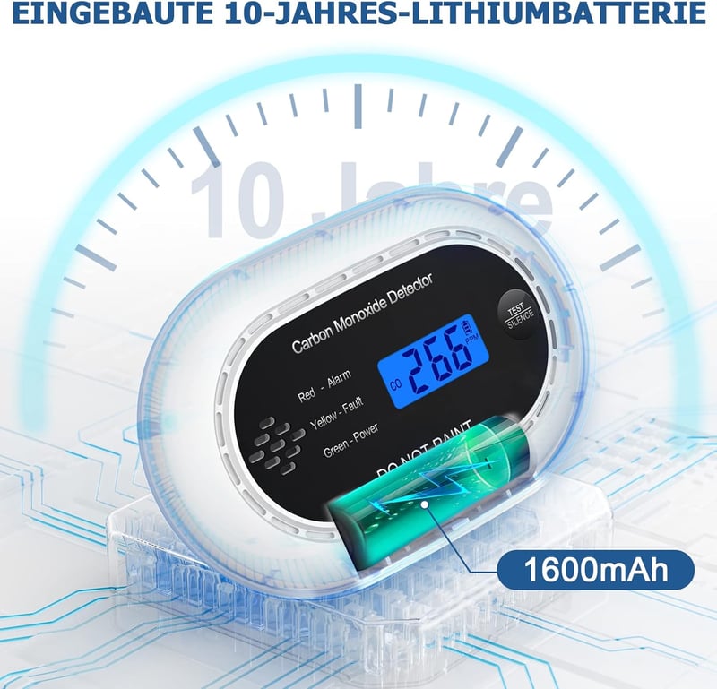 XINDUM LCD-s szénmonoxid riasztó 10 éves elemmel, otthoni használatra (fekete)