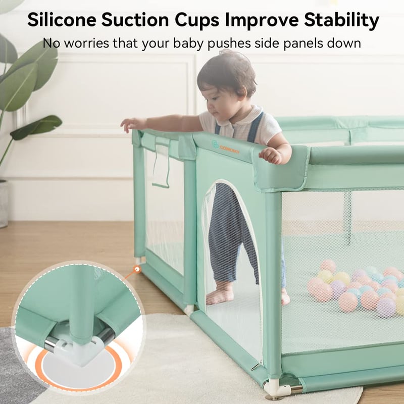 COMOMY XXL Bébi Járóka 180x200x66 cm - Gyerekeknek Puha Hálóval, Csúszásgátló Oxford Aljjal, Labdákkal, Mini Kosárral és 4 Húzógyűrűvel, Söt - 180x200x66cm, dark green