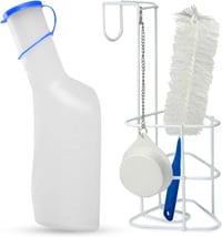 Hygiene100 Vizeletgyűjtő Palack Szett 1000ml - Ágytartóval, Fedéllel és Tisztítókefével - Tartós Műanyag, Mérőskálával Betegápoláshoz 1