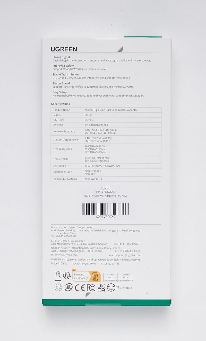 UGREEN AX1800 USB WiFi 6 Adapter Dual Band 5GHz/2.4GHz WLAN Stick PC-hez Dupla Antenna Windows 10/11 Kompatibilis