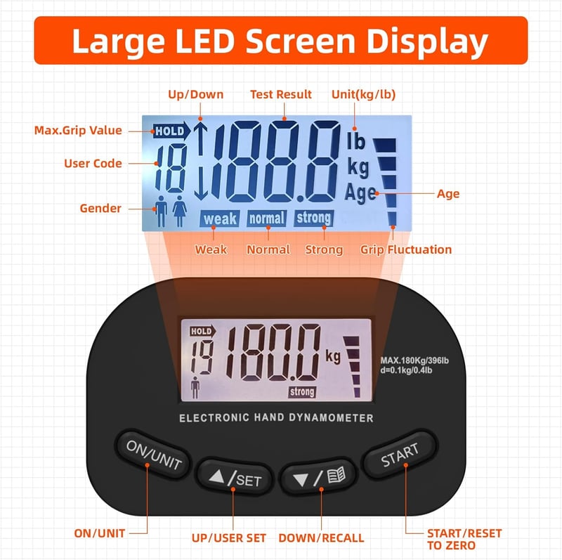 180 kg Digitális Kézierő Mérő, Újratölthető Elektronikus Dinamométer LCD Kijelzővel