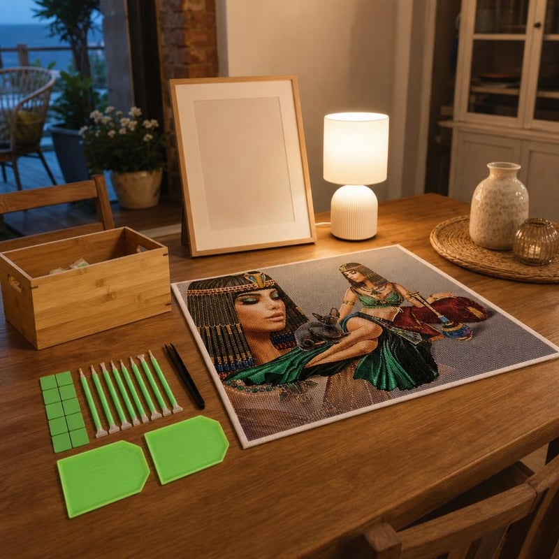 Set complet Diamond Painting: 1 tablou 50x40cm + 21 accesorii + cutie depozitare + ramă + lampă