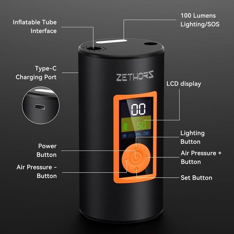 ZETHORS 150 PSI elektromos kerékpárpumpa, LED-es, 6000mAh-s akkumulátorral, autókhoz, biciklikhez