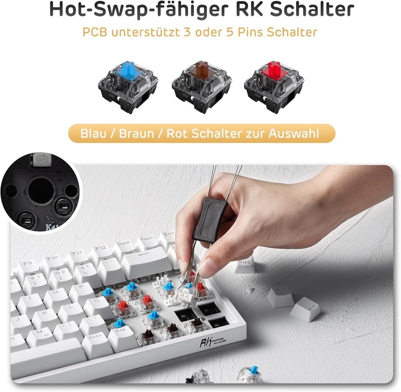 RK ROYAL KLUDGE RK84-DE 75% Kompakt Mechanikus Gamer Billentyűzet, TKL, Kék Kapcsolók, RGB Háttérvilágítás, Bluetooth, 2.4 GHz, Mac és Windo