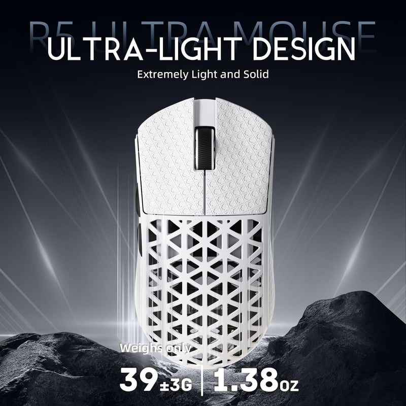 ATTACK SHARK R5 Ultra Szénszálas Gamer Egér, 39g Szuperkönnyű, 8000Hz Vezeték Nélküli, 42000 DPI, Bluetooth/2.4G/Vezetékes, Fehér