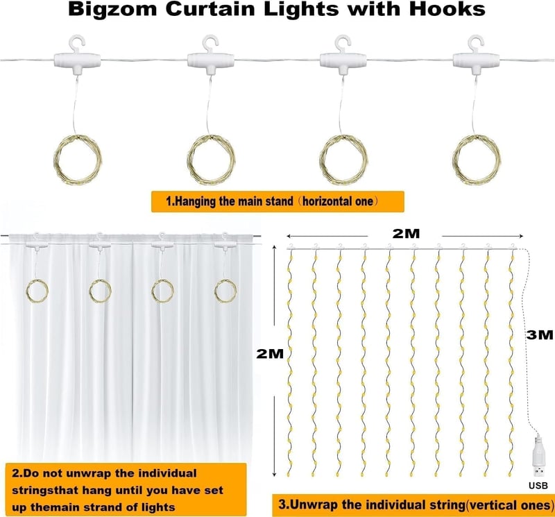 Bigzom LED Fényfüggöny 2x2m - 200 Meleg Fehér LED, USB, IP65 Vízálló, Beltéri/Kültéri Dekoráció Esküvőre, Karácsonyra, Valentin-napra 10 Aka