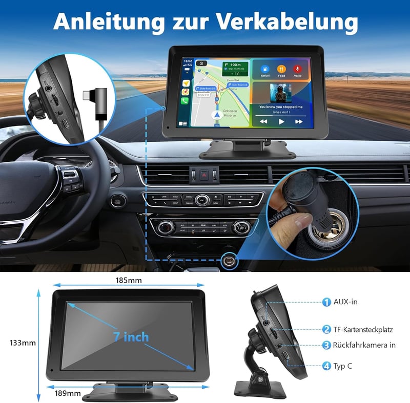 Podofo 7" Vezeték Nélküli Autórádió - Érintőképernyős, Bluetooth, Apple CarPlay, Android Auto, Airplay, FM Adó, Tükrözés Funkcióval