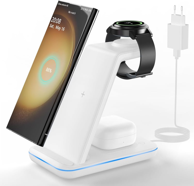 Samsung 3 az 1-ben Vezeték Nélküli Töltőállomás - Fehér, Telefon, Óra, Fülhallgató