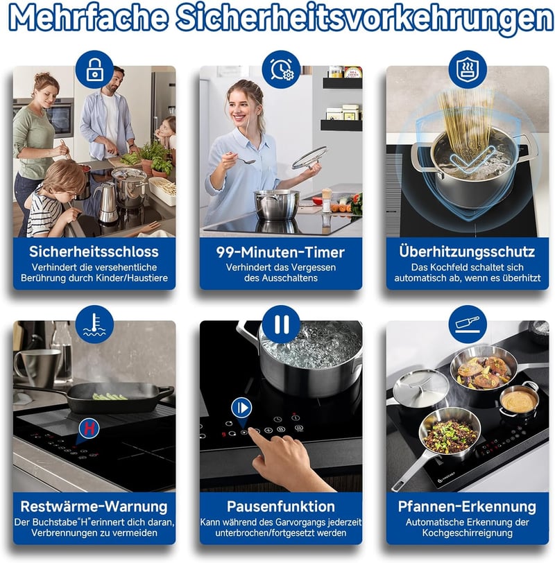 AMZCHEF 60 cm-es Indukciós Főzőlap Flex Zónákkal - 4 Zónás, 7200W, 9 Teljesítményszint, Boost Funkció, Időzítő, Gyerekzár, Túlmelegedés Elle
