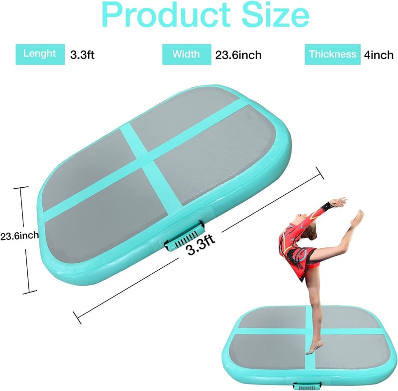 PPXIA Felfújható Tornaszőnyeg 100x60x10cm - Gimnasztikai Légmatrac Edzőblokk Kézi Fogantyúkkal - Mentazöld PVC Sportmatrac Pumpával