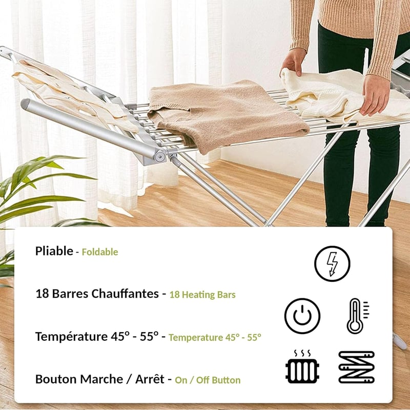 Fishtec Elektromos Ruhaszárító, 230W, 18 Alumínium Rúd, 145cm, Összecsukható, Fűtött, Gyorsszárító, Fürdőszobai Ruhaszárító Állvány, Ezüst