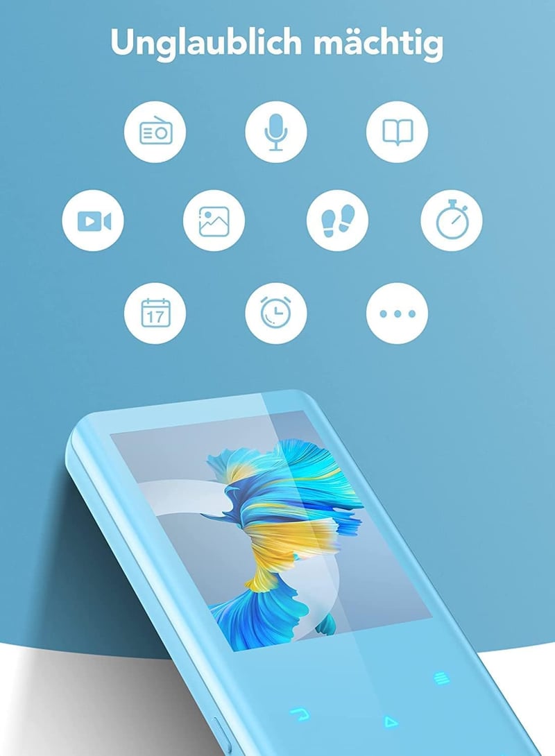 AGPTEK 32GB MP3 Lejátszó Bluetooth 5.0 - 2,4" Színes Kijelző, Beépített Hangszóró, 128GB-ig Bővíthető (Kék)