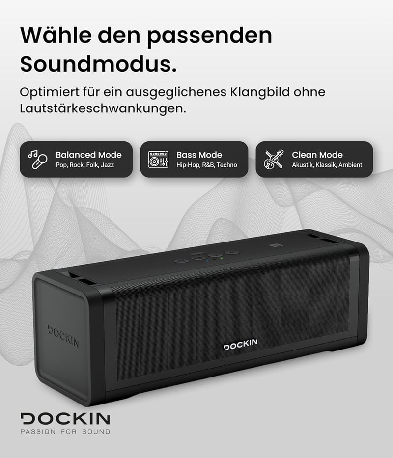 DOCKIN D FINE+ 2 Bluetooth Hangszóró, 50W, IPX5 Vízálló, 16 Órás Üzemidő, Powerbank Funkcióval, 3 DSP Hangszínszabályzóval, Fekete