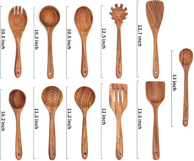 BOKALAKA 11 részes fa konyhai eszközkészlet - Főzéshez, sütéshez használható fa spatulák és fakanalak - Természetes faanyagú konyhai kelléke