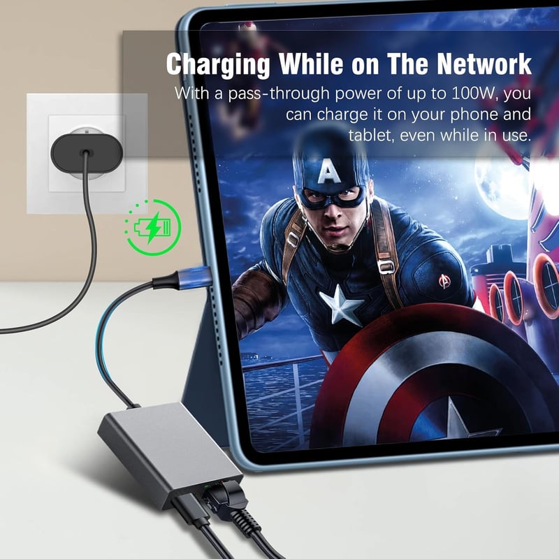 RUIZHI 100W USB-C Ethernet Adapter - Gigabit RJ45 Hálózati Csatlakozó és Gyorstöltő Chromecast, Telefon, MacBook és Windows Eszközökhöz