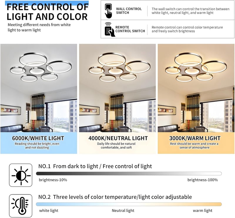 YYUTLUO Modern LED Mennyezeti Lámpa 110cm - Fekete Többkörös Csillár 120W Fokozatmentesen Szabályozható 3000-6000K Fém-Akril Lámpatest