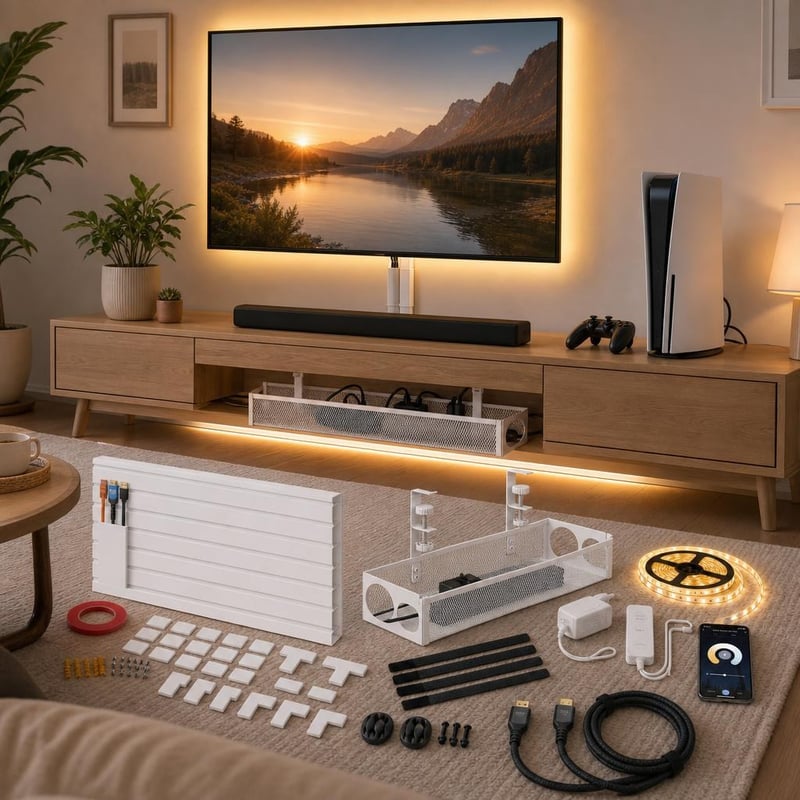 Organizér káblov k TV: 10x lišta + držiak pod stôl + HDMI 2.1 kábel + 6m smart LED pásik