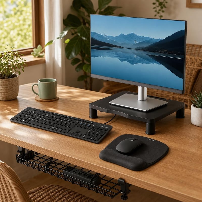 Home office set: 1x klávesnica + 1x myš + 1x podložka + 1x stojan na monitor + 1x organizér káblov
