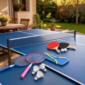 Vrtni set za igru: 2x reket za stolni tenis + 2x loptica + mrežica + 2x reket za badminton + 3x loptica
