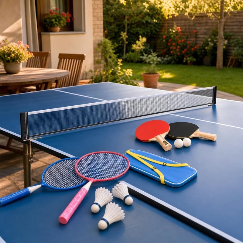 Set Jocuri de Grădină: 2 palete ping-pong + 2 mingi + fileu reglabil + 2 rachete badminton + 3 fluturași