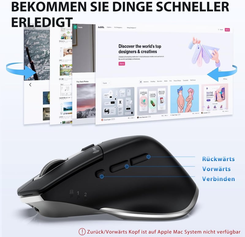 iClever Vezeték Nélküli Bluetooth Egér - Újratölthető, Ergonomikus, 3 Eszközhöz Csatlakoztatható, 5 DPI Beállítás, Csendes Kattintás, Ezüst-