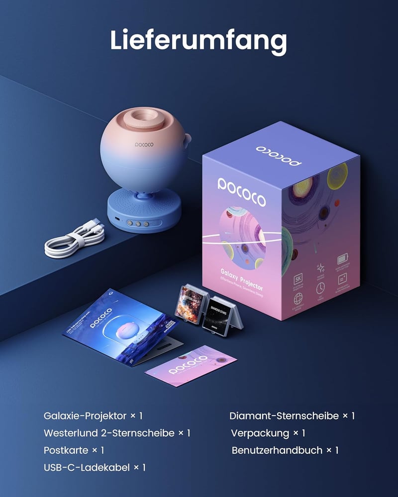 POCOCO Csillagos Égbolt Projektor - Galaxis Planetárium Gyerekeknek és Felnőtteknek, HD Vetítés, 2 Cserélhető Korong, Hálószobai Dekoráció, 