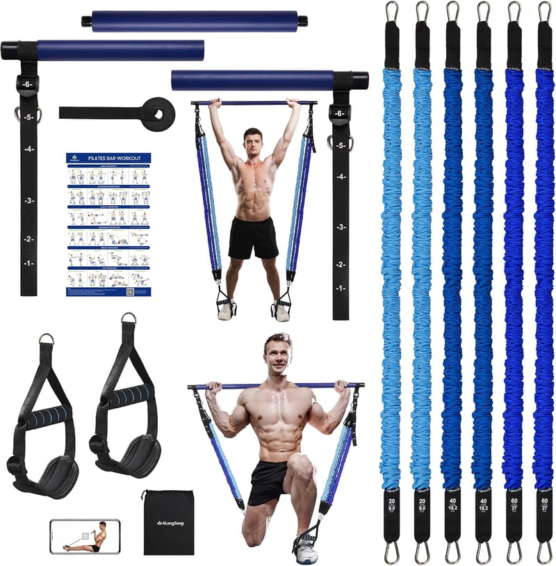ALongSong Pilates Rúd Szett 6 Ellenállási Gumiszalaggal 9-109 kg Otthoni Edzéshez - Állítható Fitness Eszköz Fogantyúkkal és Ajtórögzítővel