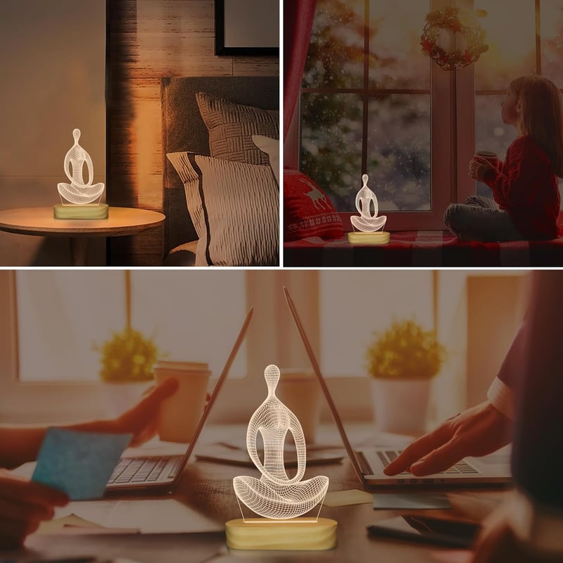 BootyBay 3D Jóga LED Éjjeli Lámpa - Meditációs Asztali Világítás Meleg Fénnyel, Fa Talppal - USB Dekorációs Lámpa Ajándékba Nőknek, Lányokna