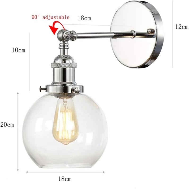 HJXDtech Ipari Vintage Fali Lámpa - Króm Tartókonzol, Átlátszó Üveg Búra, E27 Foglalat, 40W, Vízálló, Gömb Dizájn Fürdőszobába, Folyosóra