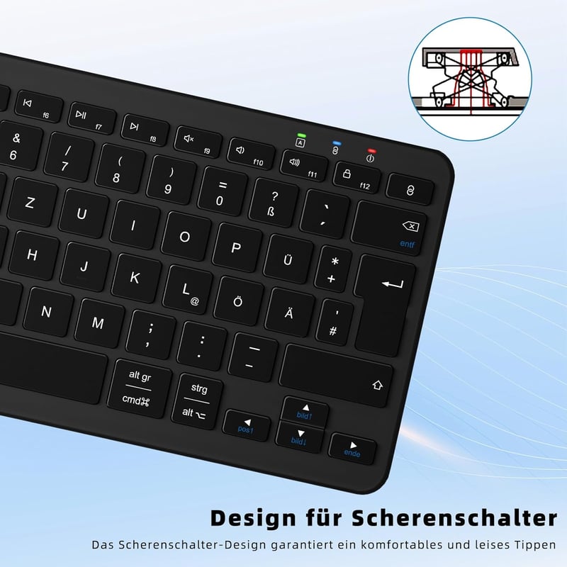 Qulose Vezeték Nélküli Bluetooth Billentyűzet - Újratölthető Mini Klaviatúra USB-C, Ultravékony Ergonomikus Dizájn, QWERTZ, Android/iOS/Wind