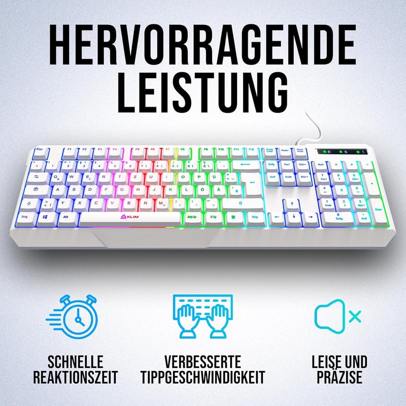 KLIM Chroma RGB Gamer Billentyűzet - Német QWERTZ, Fehér, Vízálló, Csendes Billentyűk, Tartós, Ergonomikus, USB Kábeles - PC, Mac, PS4, PS5 