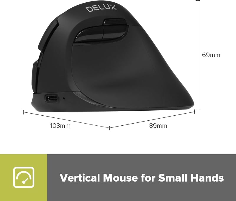 DeLUX M618MINI Ergonomikus Vezeték Nélküli Egér - Újratölthető Vertikális Egér Kis Kezekhez, 6 Gomb, 4000 DPI, Bluetooth 5.2/2.4G Kettős Mód