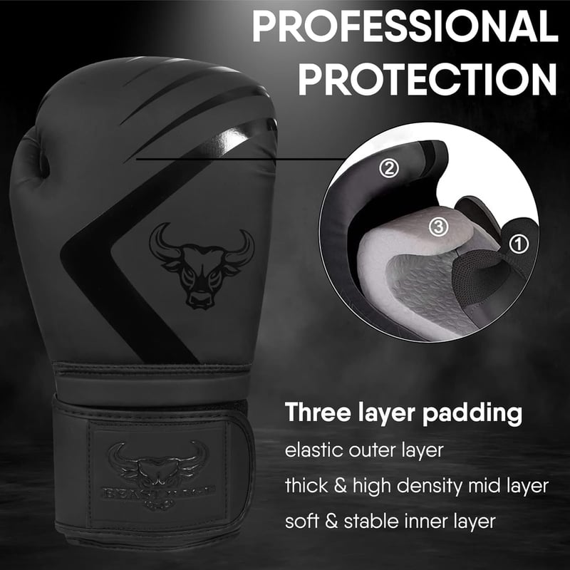 BEAST RAGE Bokszkesztyű 10 oz - Fekete Műbőr Edzőkesztyű MMA, Muay Thai, Kickbox Edzéshez - Unisex Sparring Kesztyű Extra Csuklóvédelemmel