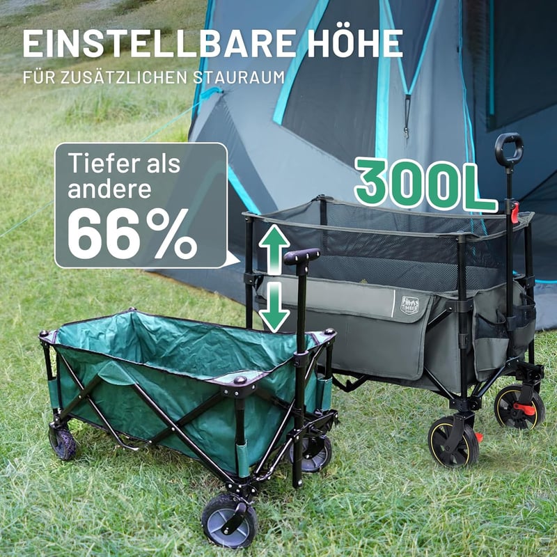 TIMBER RIDGE XXXL Összecsukható Kerti Kézikocsi 225L - Fékezhető Szállítókocsi Állítható Kapacitással, Állítható Fogantyúval, Oldalsó Zsebbel, T