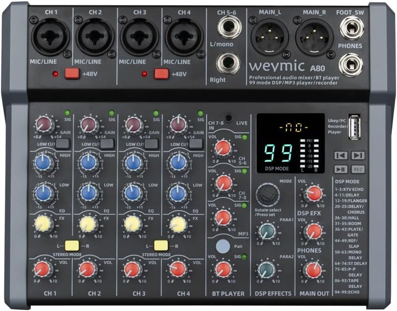 Weymic A80 Professzionális DJ Keverőpult - 8 Csatornás Hangkeverő 99 DSP Effekttel, USB, Bluetooth, XLR Mikrofon Bemenettel, Karaoke és Stúd - A80 8 Channel