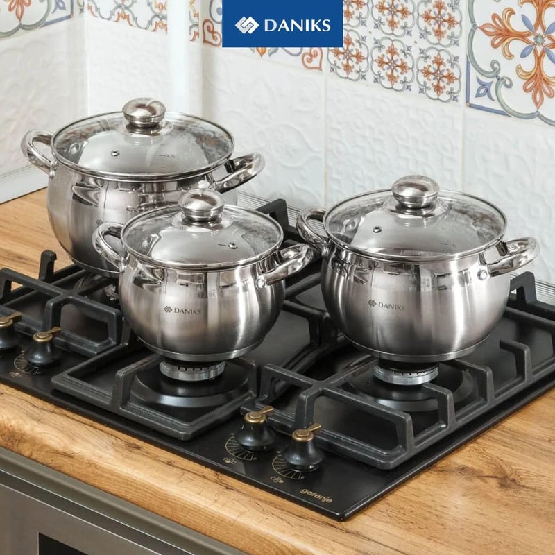 Daniks Classic rozsdamentes acél főzőedény üvegfedővel, 9 literes, ezüst, mosogatógépben mosható, kerámiabevonatú konyhai fazék