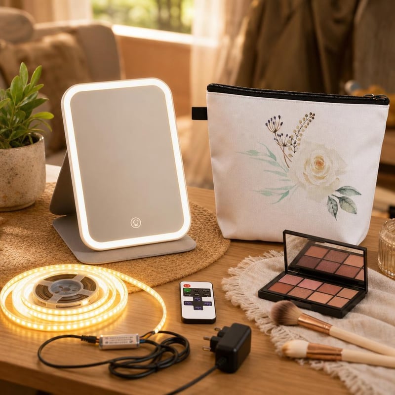 Štýlový kozmetický kútik: 1× LED zrkadlo + 1× 1m LED pásik + 1× kozmetická taška
