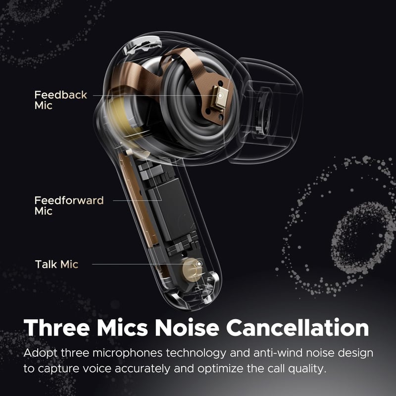 SoundPEATS Capsule3 Pro Hi-Res Bluetooth Fülhallgató, LDAC, Hibrid Aktív Zajszűrés, 6 Mikrofon, 52 Órás Üzemidő, Átlátszó Fekete