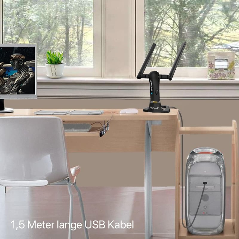 BrosTrend AC1200 USB WiFi adapter nagy hatótávú, dupla antennás, Windows kompatibilis
