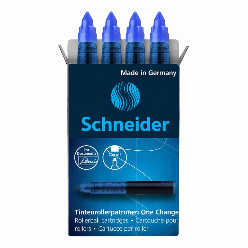 Rezerve cerneală pentru roller Schneider One Change, albastru, cerneală permanentă, set de 4 bucăți, 185403