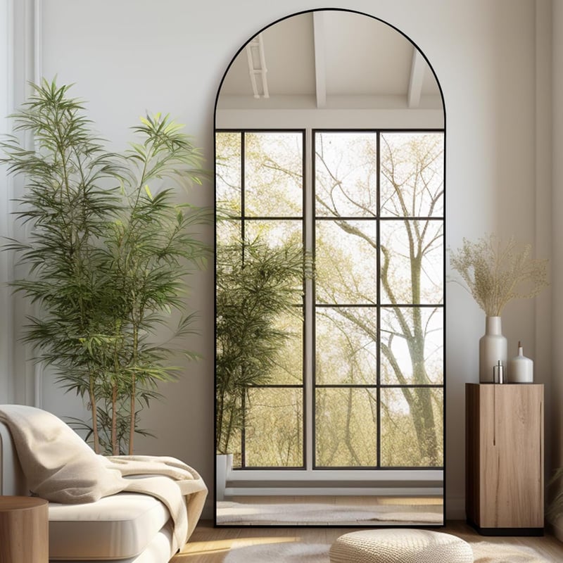 LunaMirror Ívelt Álló Tükör 192x85 cm - Teljes Alakos Padlótükör Hálószobába, Nappaliba - Fekete Alumínium Kerettel, Nano Üveg