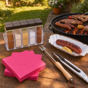 Pachet Grill Party: furculiță + clește + set condimente + 125 tăvițe + 40 șervețele