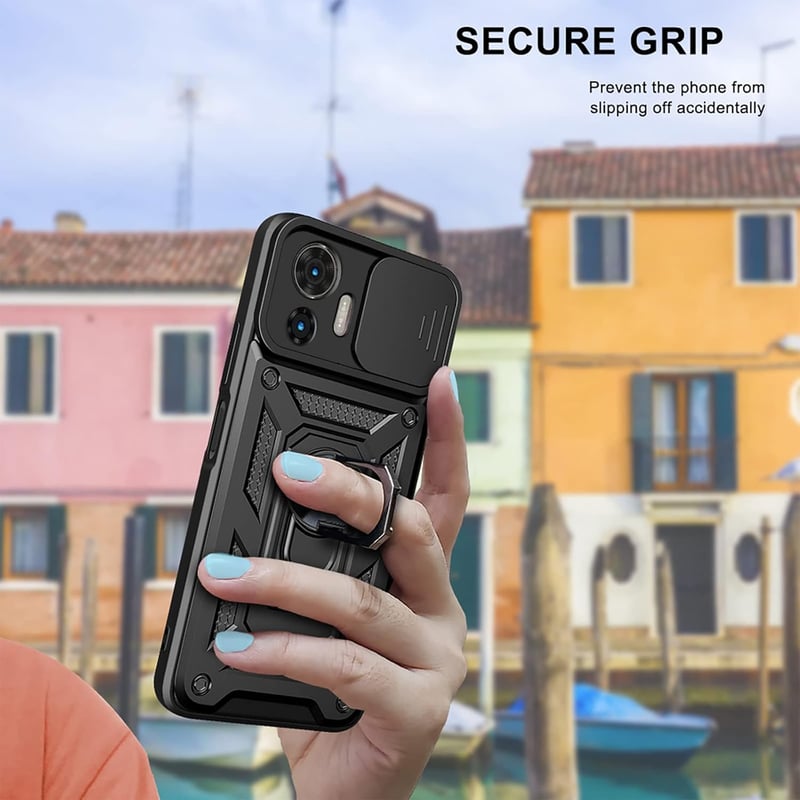 Motorola Edge 30 Neo csúsztatható kamerás védőtok, 360°-os gyűrűvel, mágnessel - Fekete